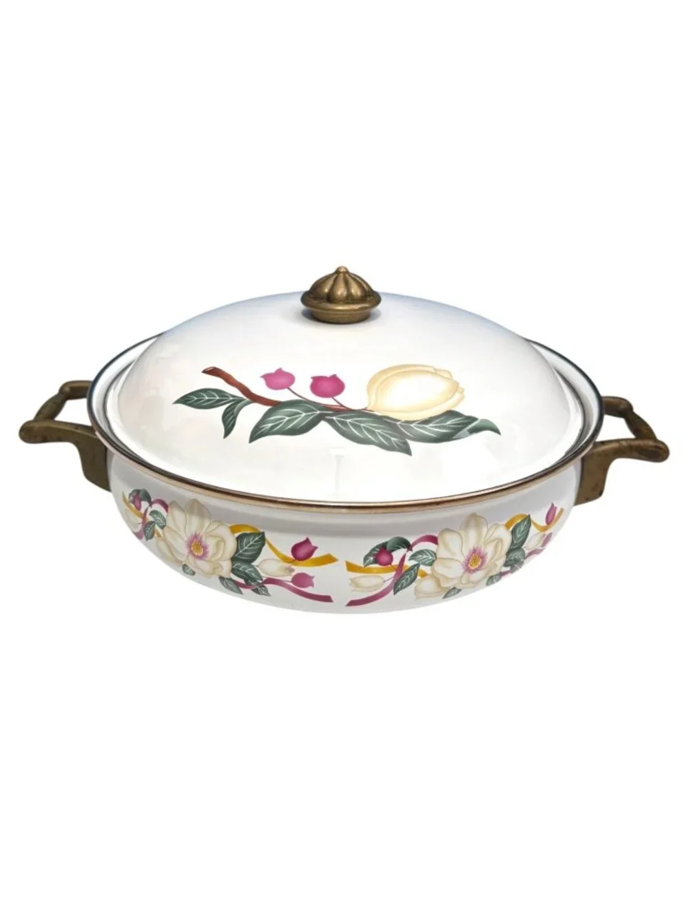 Vintage Floral Ceramic Casserole Dish With Lid & Brass Handles Hand-Painted Desi